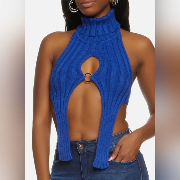 Daisy Slit Halter Turtleneck Sweater Top NWT Ribbed, Sexy, Open Front, Black, Pi - Picture 8 of 16